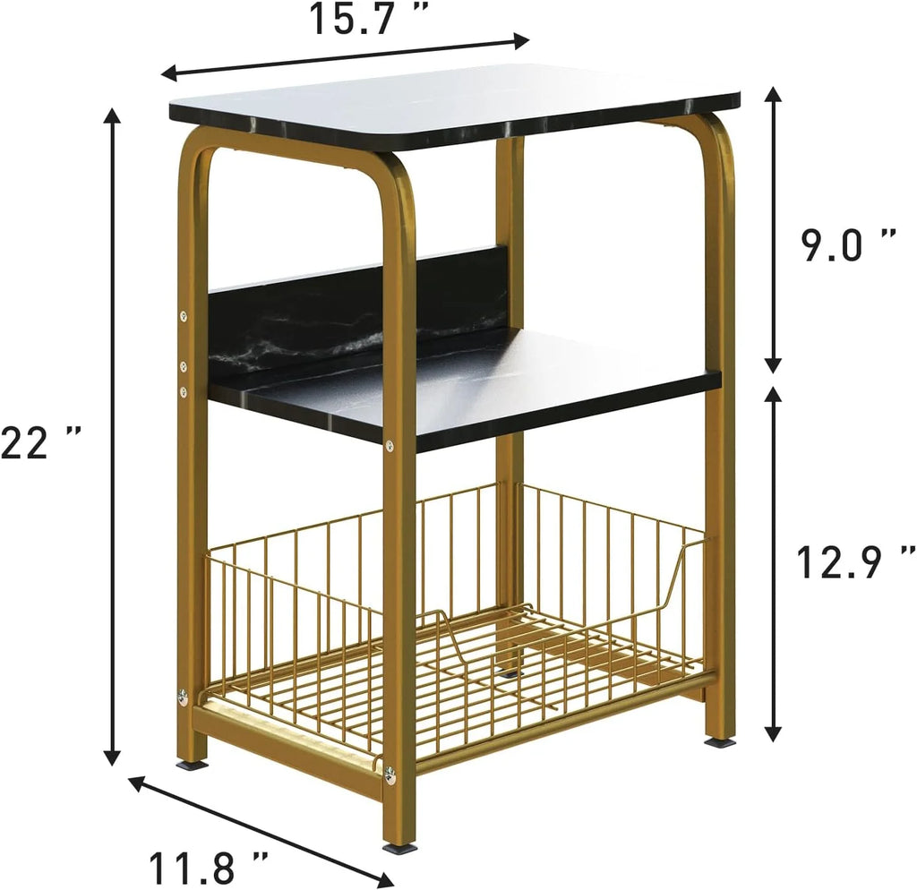 Black Marble 3 Tiers Nightstand with Wood and Metal Frame S6019