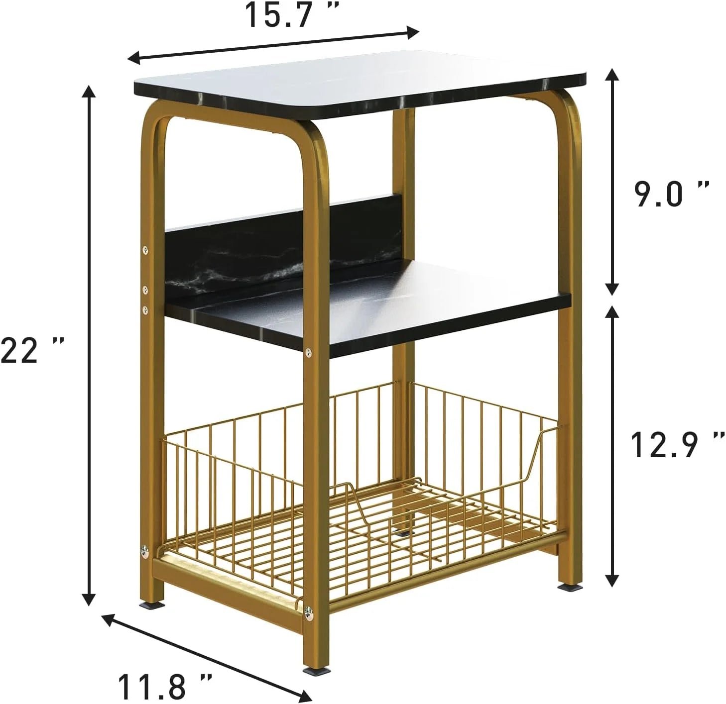 Black Marble 3 Tiers Nightstand with Wood and Metal Frame S6019