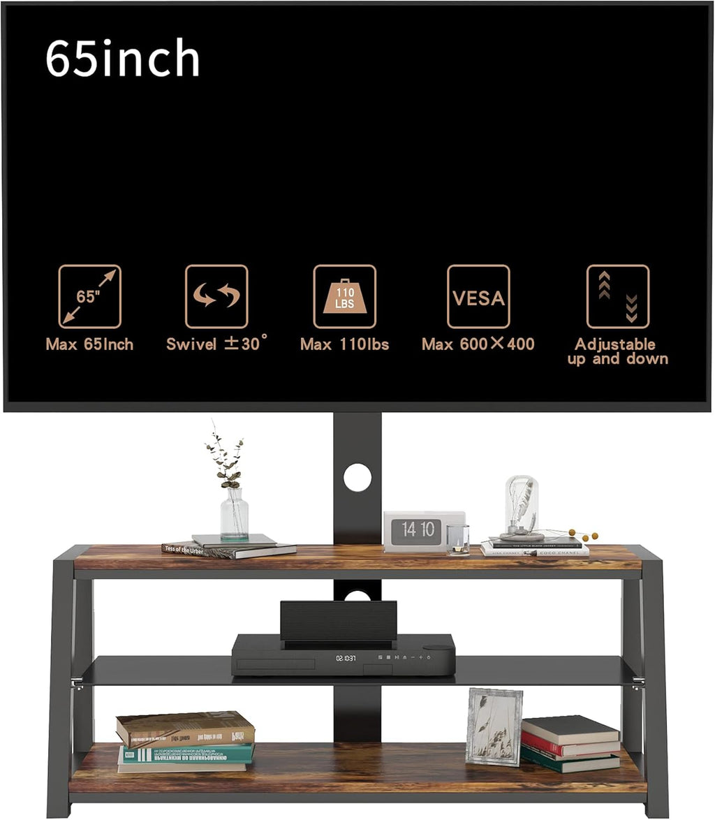 Swivel Floor TV Stand with Adjustable Tempered Wooden Shelves C540