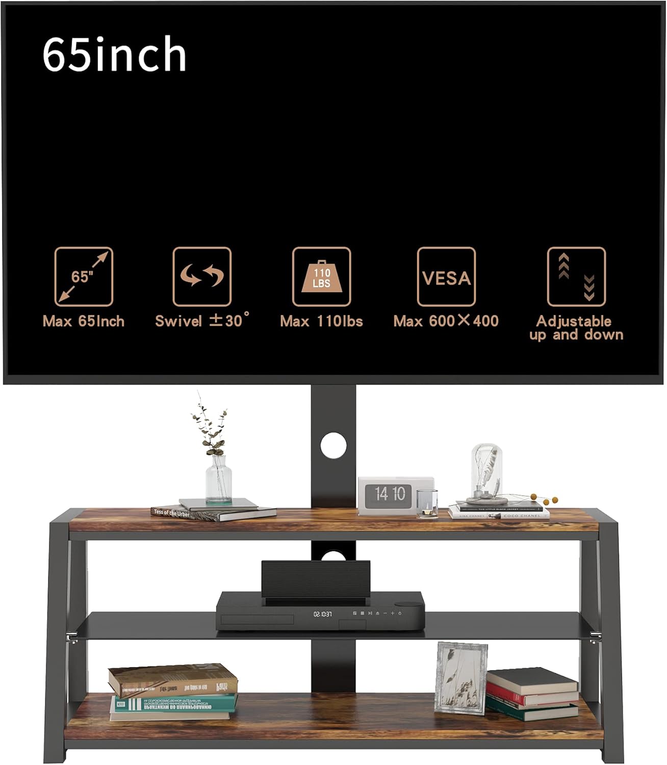 Swivel Floor TV Stand with Adjustable Tempered Wooden Shelves C540
