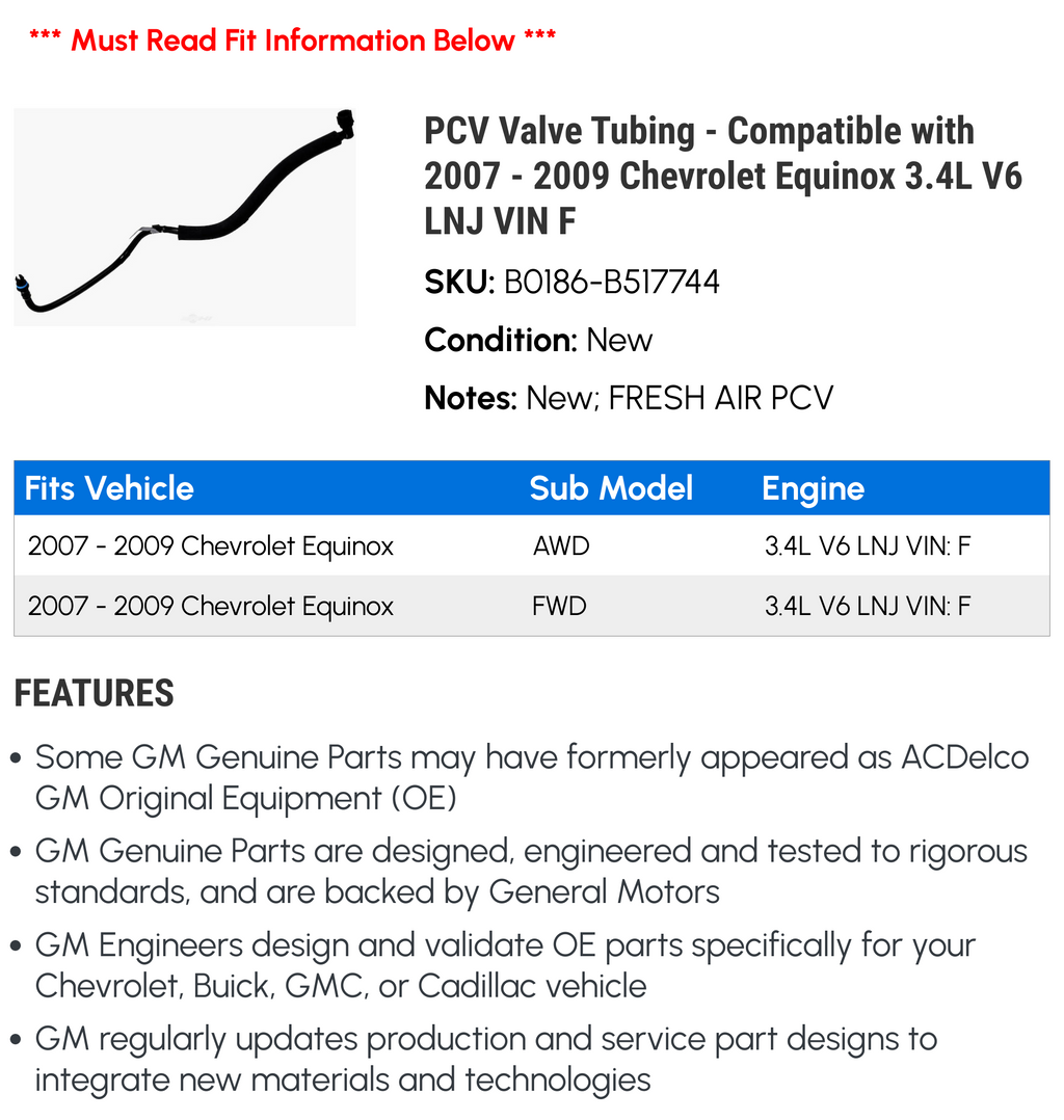 PCV Valve Tubing for 2008 Chevy Equinox 3.4L V6 A93662