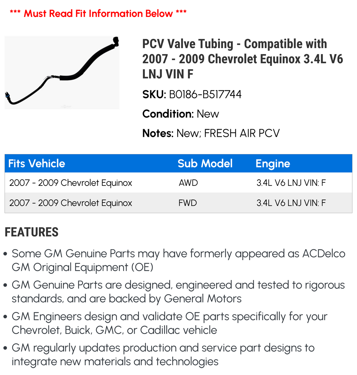 PCV Valve Tubing for 2008 Chevy Equinox 3.4L V6 A93662