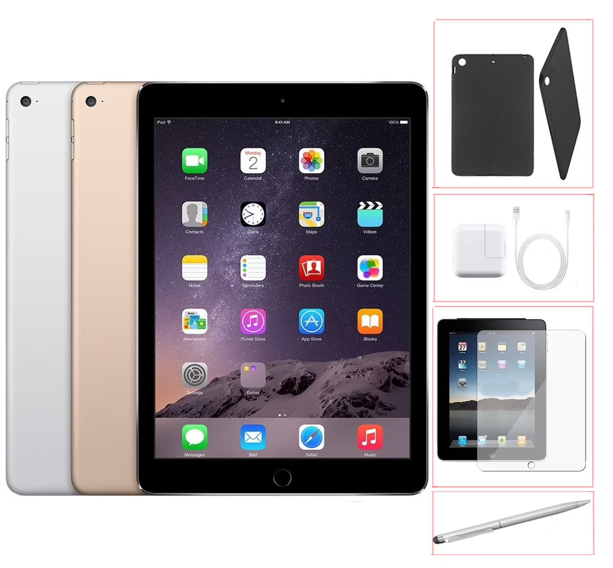 Apple iPad Air 2 64GB Silver WiFi + 4G Unlocked Bundle with Case, Charger, Tempered Glass & Stylus Pen W67179