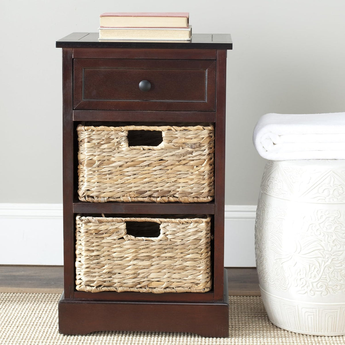 Vintage Grey / Natural Wicker 3-Drawer Storage Nightstand Side Table W47452
