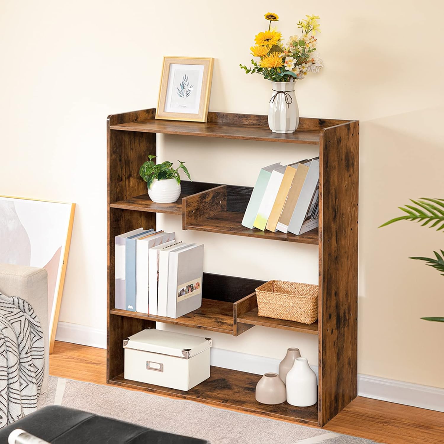 Rustic Brown Wooden Bookcase with Open Shelves W7638