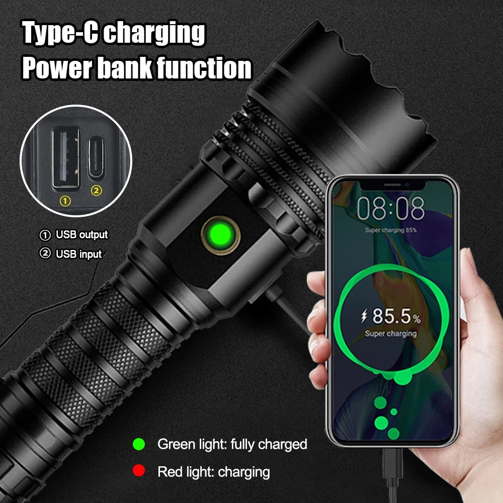 Rechargeable LED Flashlight 12000 Lumens Zoomable Handheld Spotlight with Lanyard and Hooks Q798225