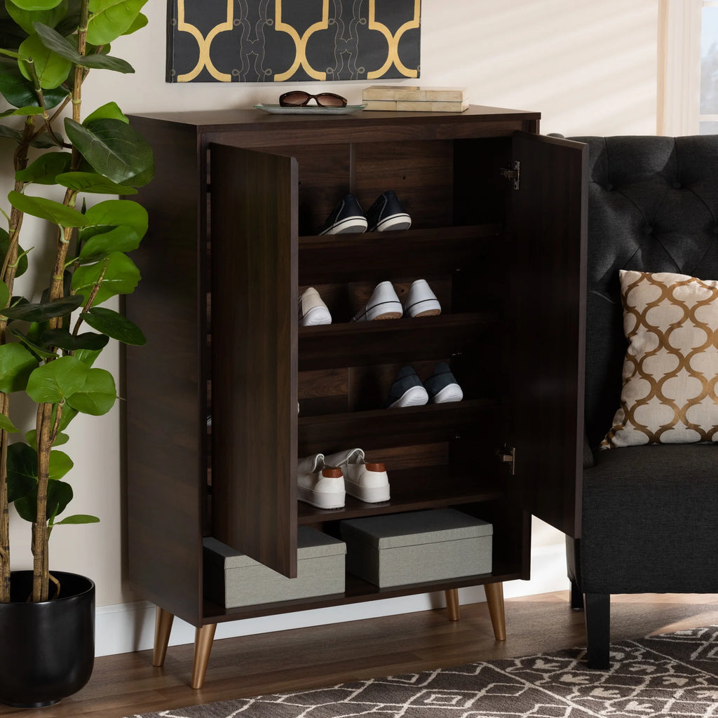 Walnut Brown and Gold Finished Wood 2-Door Shoe Storage Cabinet T131455