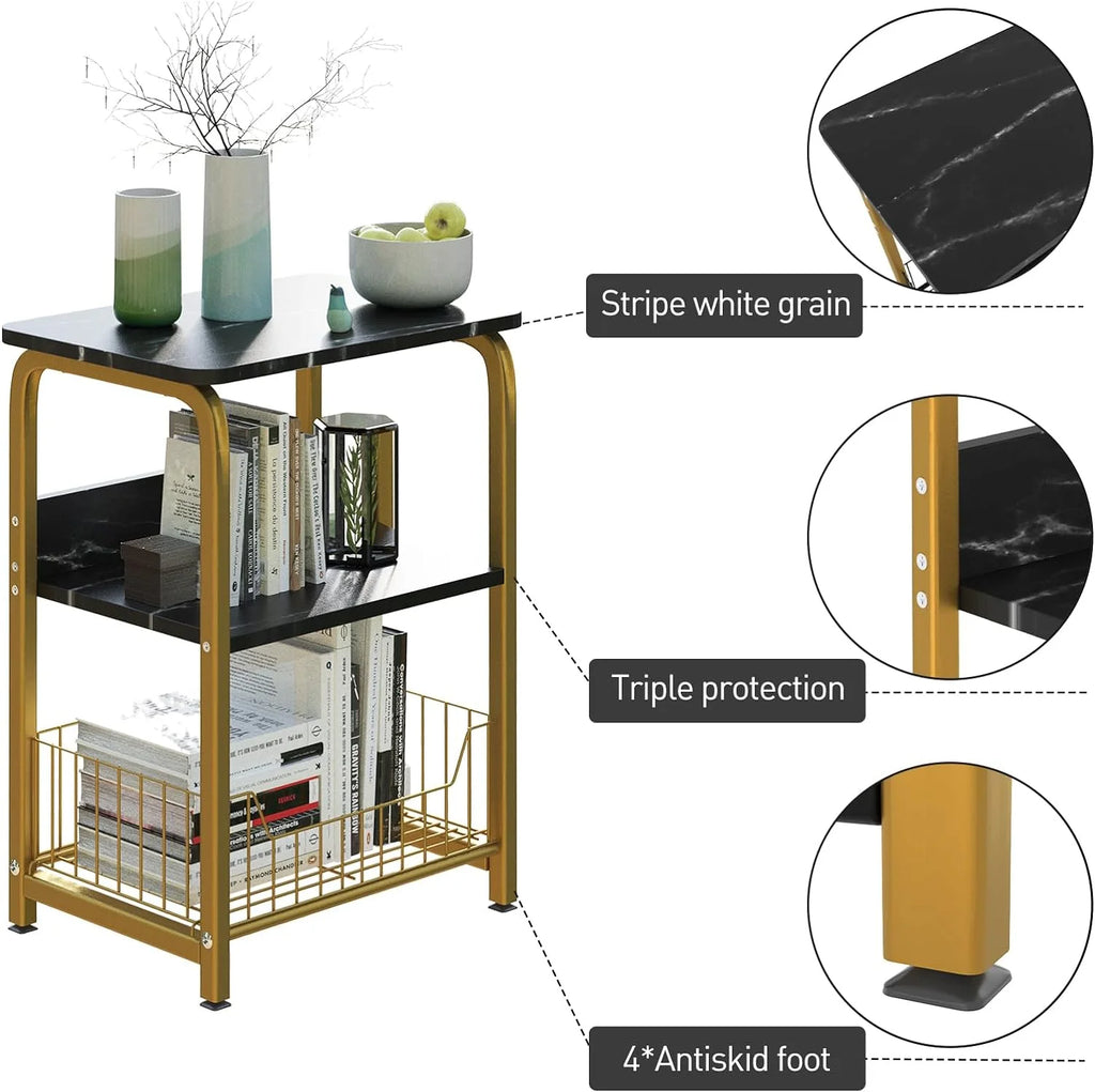 Black Marble 3 Tiers Nightstand with Wood and Metal Frame S6019