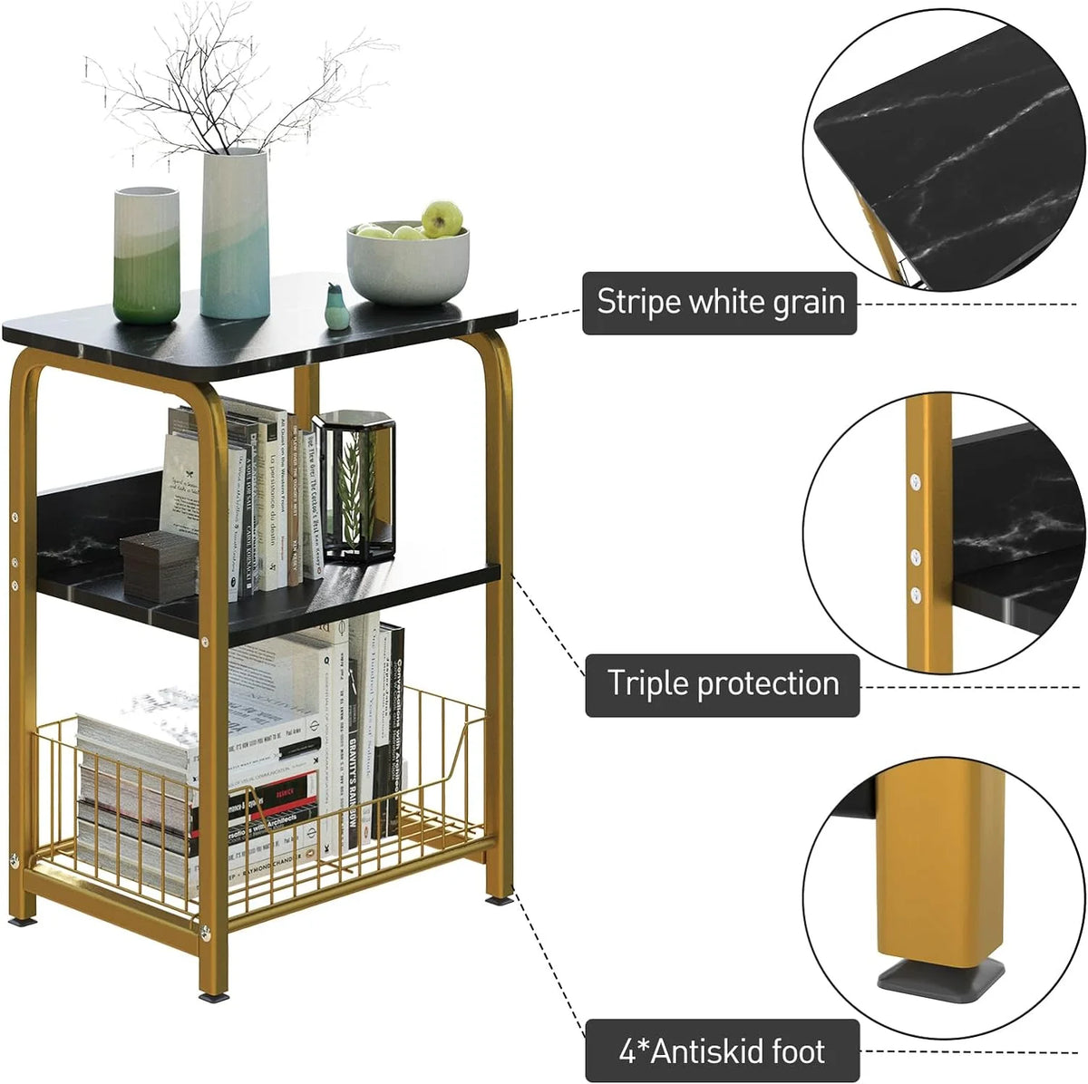 Black Marble 3 Tiers Nightstand with Wood and Metal Frame S6019