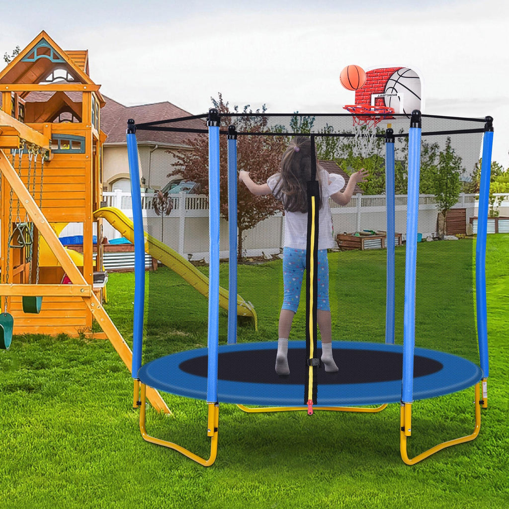 Blue 5.5FT Mini Toddler Trampoline with Enclosure and Basketball Hoop P83842