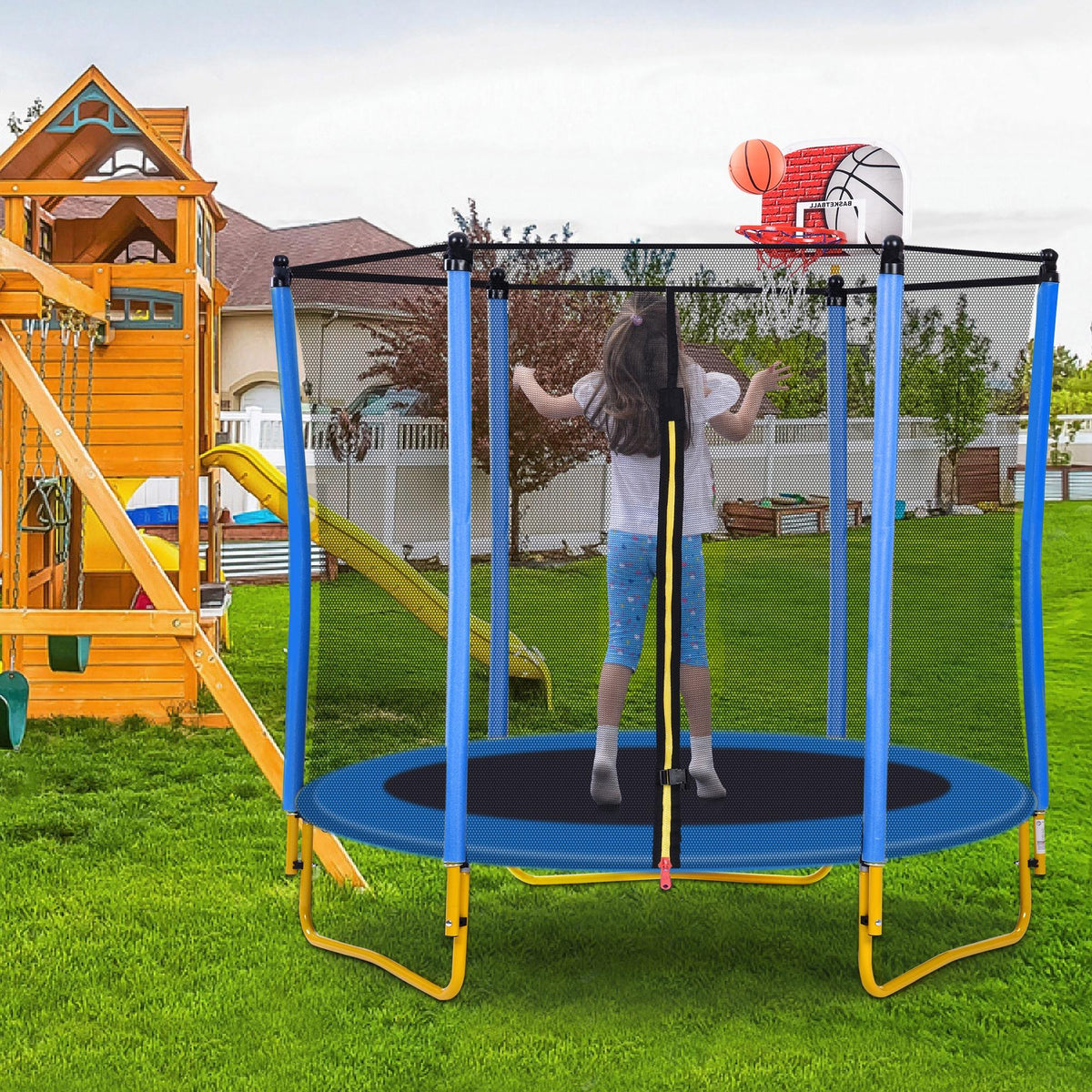 Blue 5.5FT Mini Toddler Trampoline with Enclosure and Basketball Hoop P83842