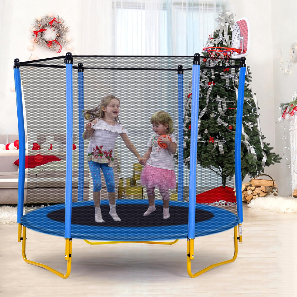 Blue 5.5FT Mini Toddler Trampoline with Enclosure and Basketball Hoop P83842