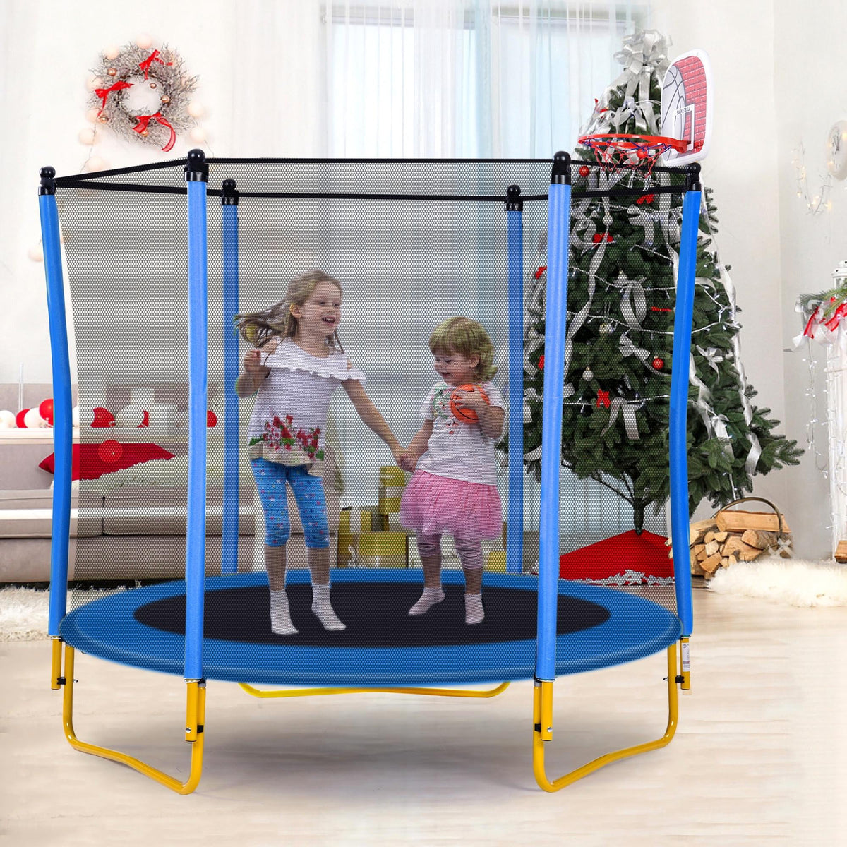 Blue 5.5FT Mini Toddler Trampoline with Enclosure and Basketball Hoop P83842