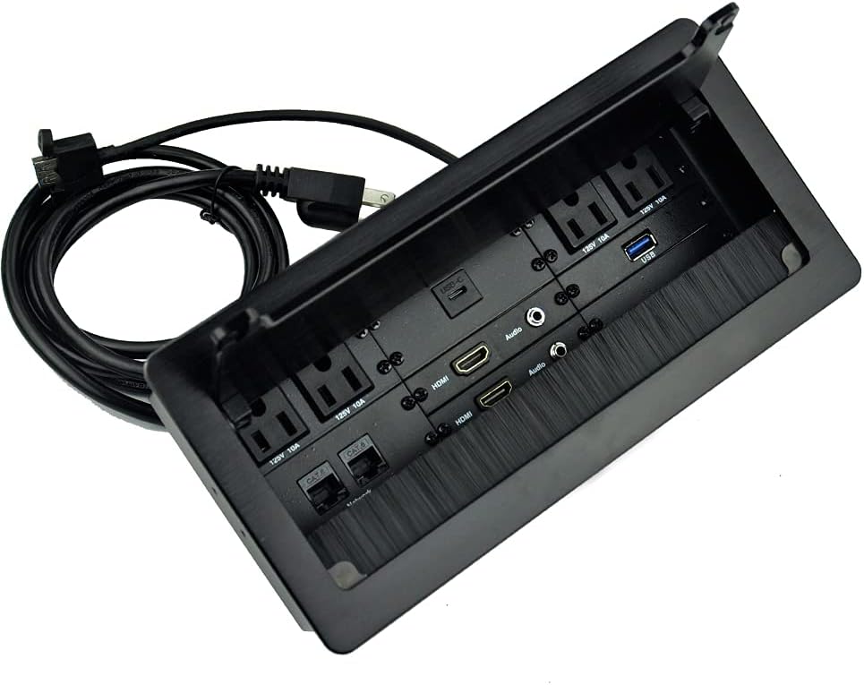 Silver Multimedia Connectivity Box with 4 AC Power, 2 HDMI, 2 RJ45, 1 USB3.0, 1 USB-C, 2 Audio Ports with 5.58ft Power Cord Y221