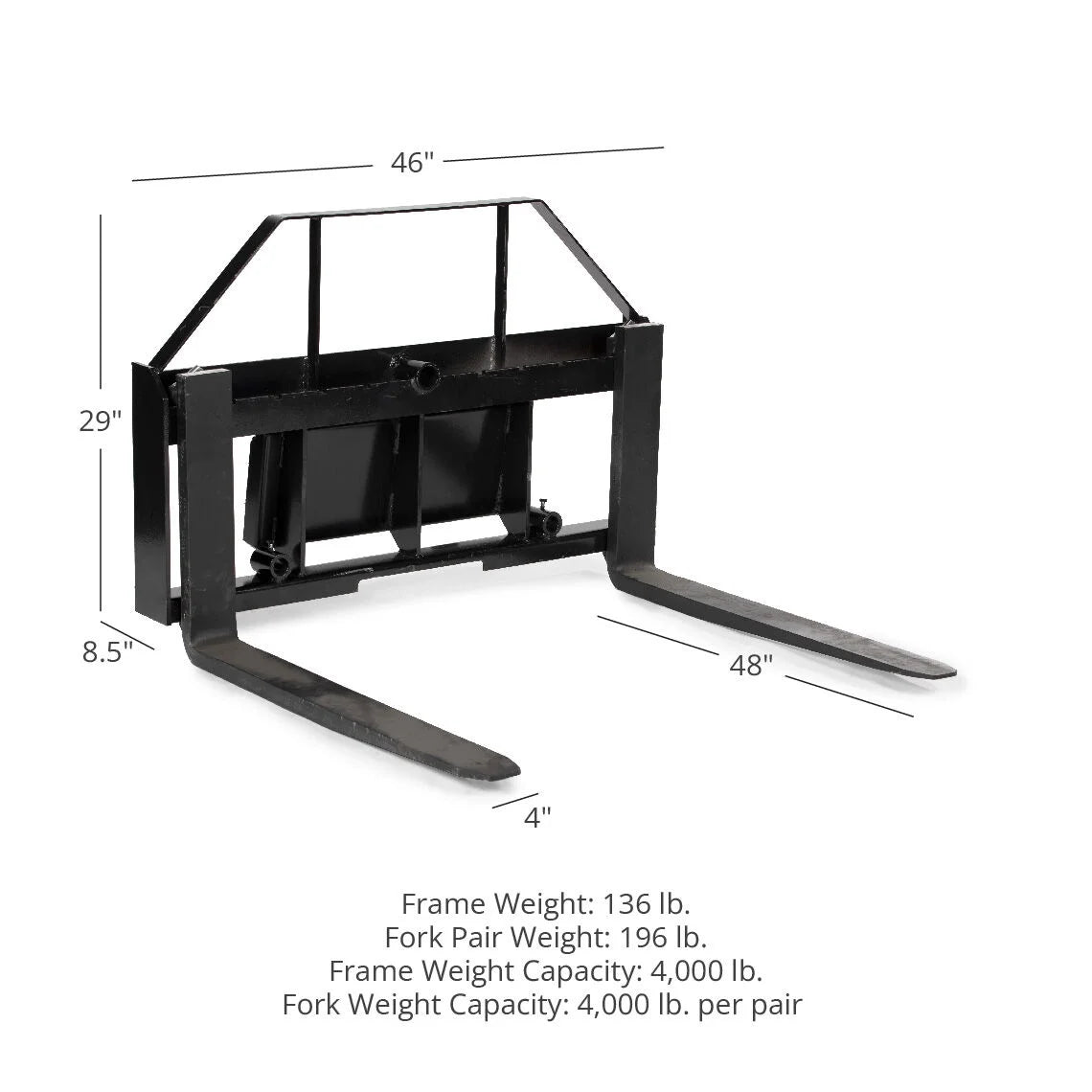 Mini Skid Steer Pallet Fork Attachment, 48" Fork Blades, 4,000 LB V22583
