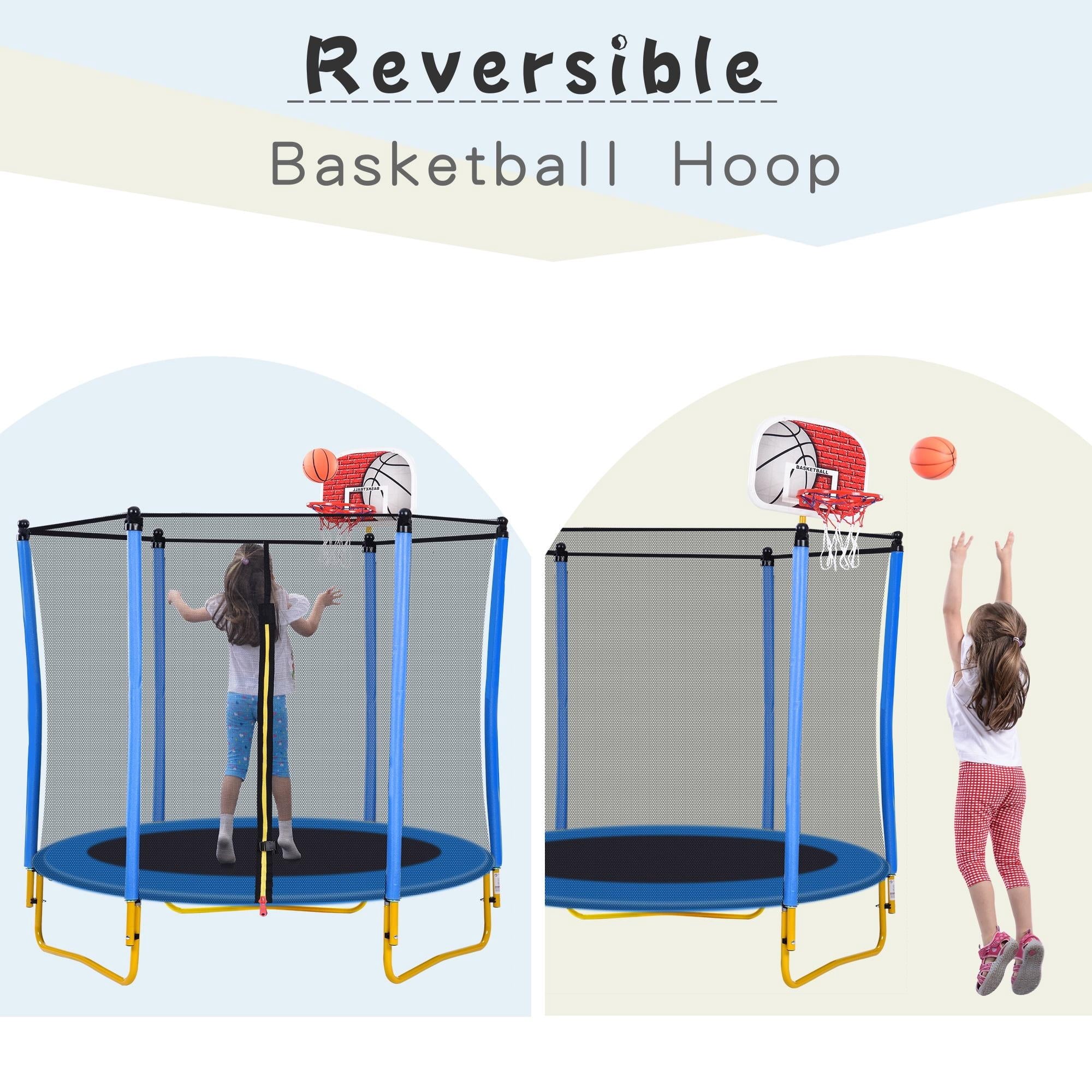 Blue 5.5FT Mini Toddler Trampoline with Enclosure and Basketball Hoop P83842