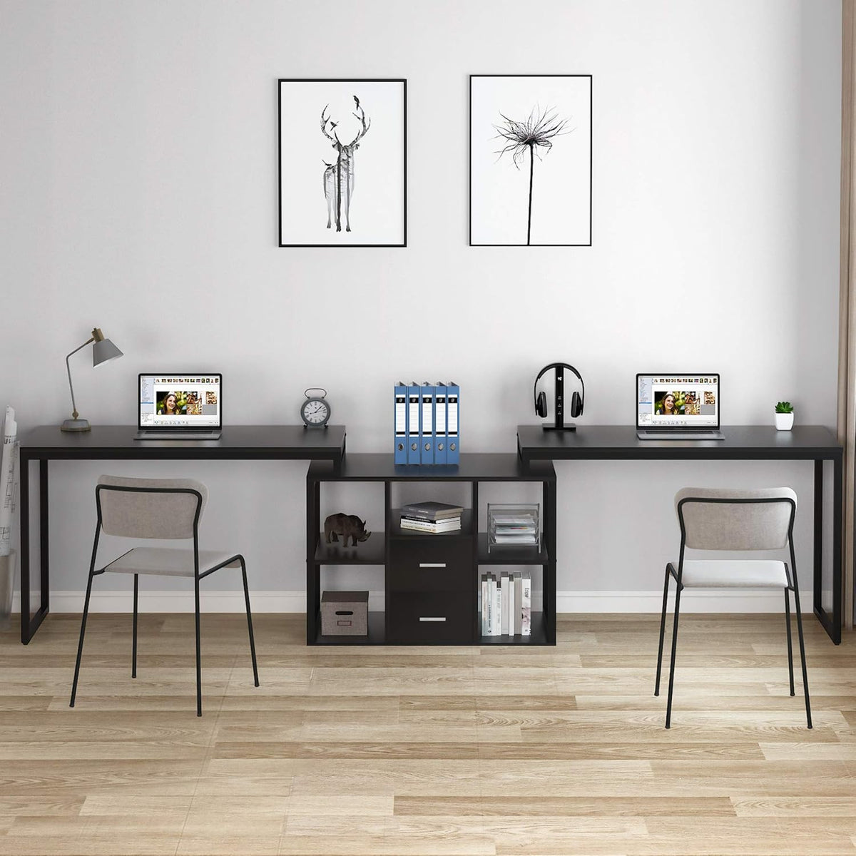 Black Extra Long Computer Desk with File Cabinet & Open Shelves P4909