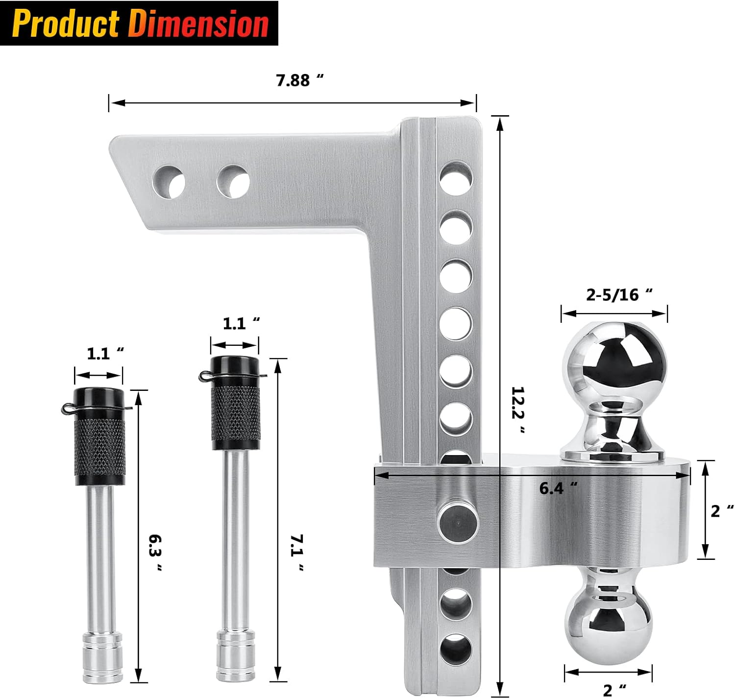 Adjustable Trailer Hitch Ball Mount, 2-Inch Receiver, 6-Inch Drop, 6-Inch Rise, Dual Towing Balls with Double Pin Key Locks Y359232