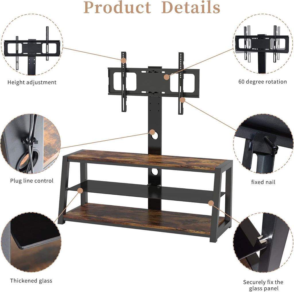 Swivel Floor TV Stand with Adjustable Tempered Wooden Shelves C540