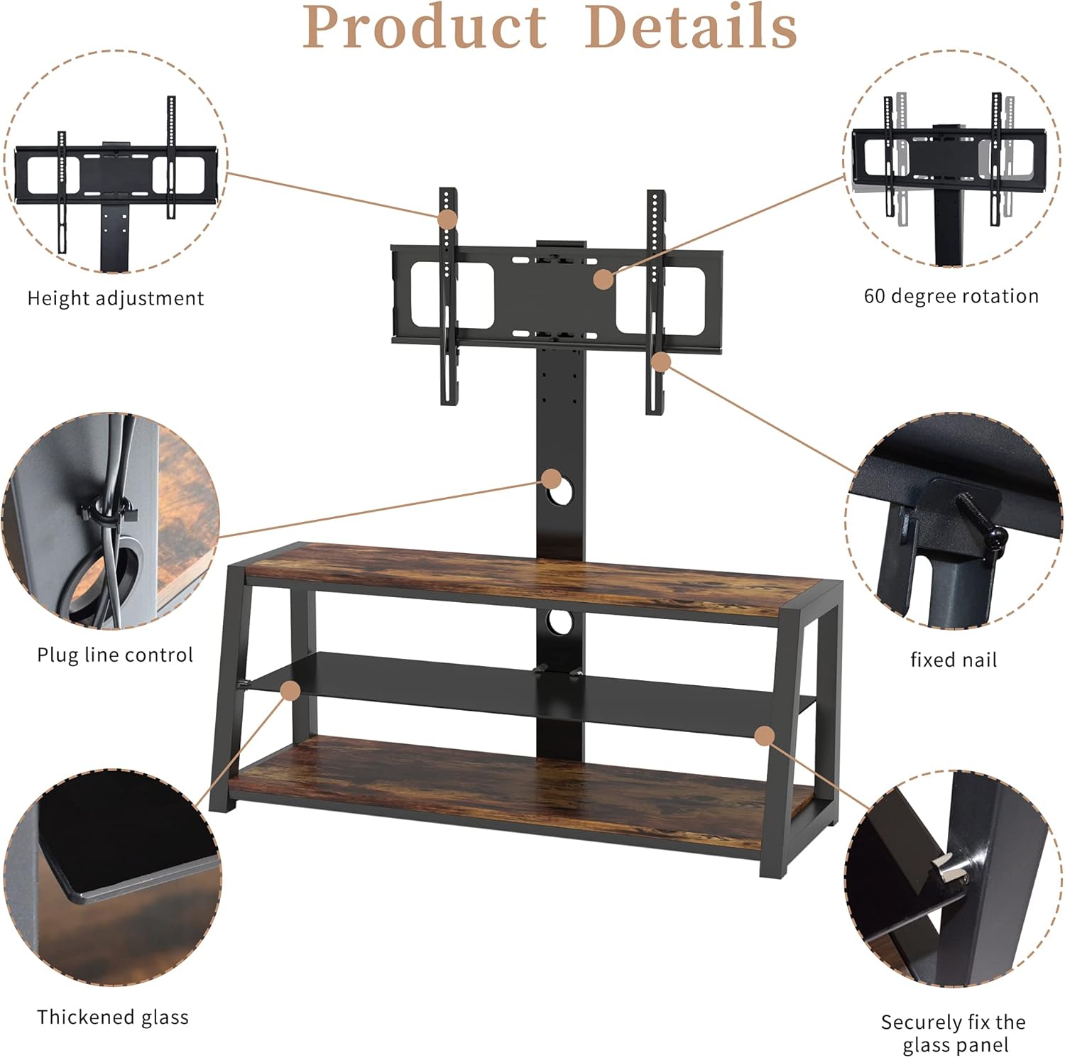 Swivel Floor TV Stand with Adjustable Tempered Wooden Shelves C540