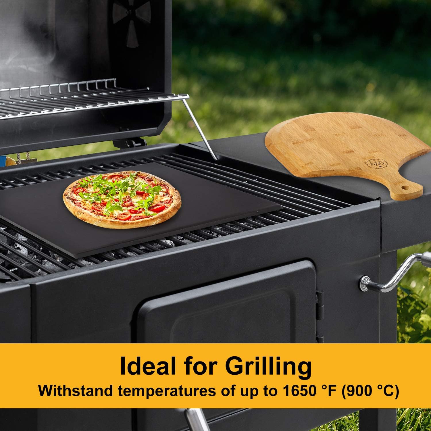 Black Cordierite Ceramic Coated Pizza Stone Pan Set with Bamboo Pizza Peel & Pizza Cutter E6278