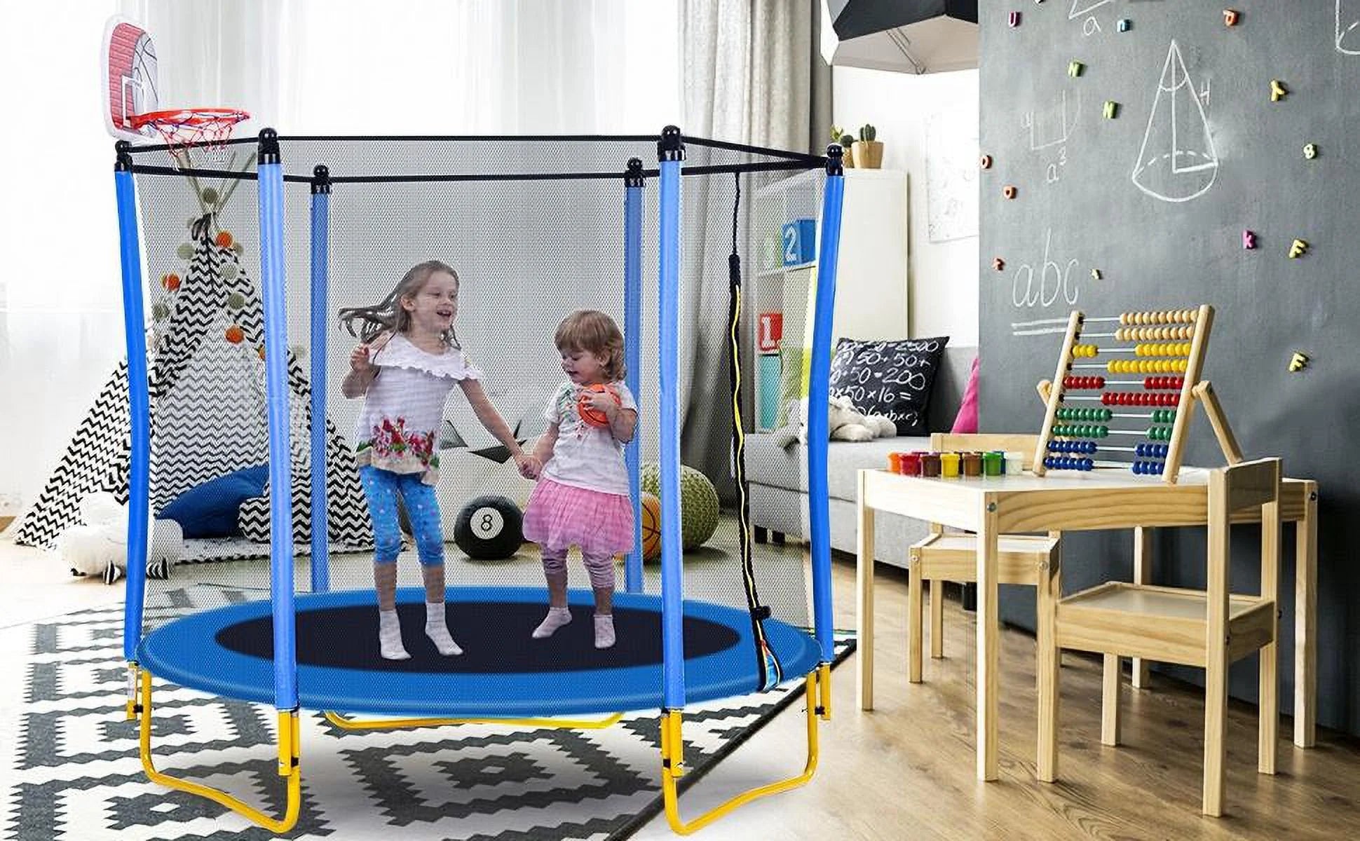 Blue 5.5FT Mini Toddler Trampoline with Enclosure and Basketball Hoop P83842