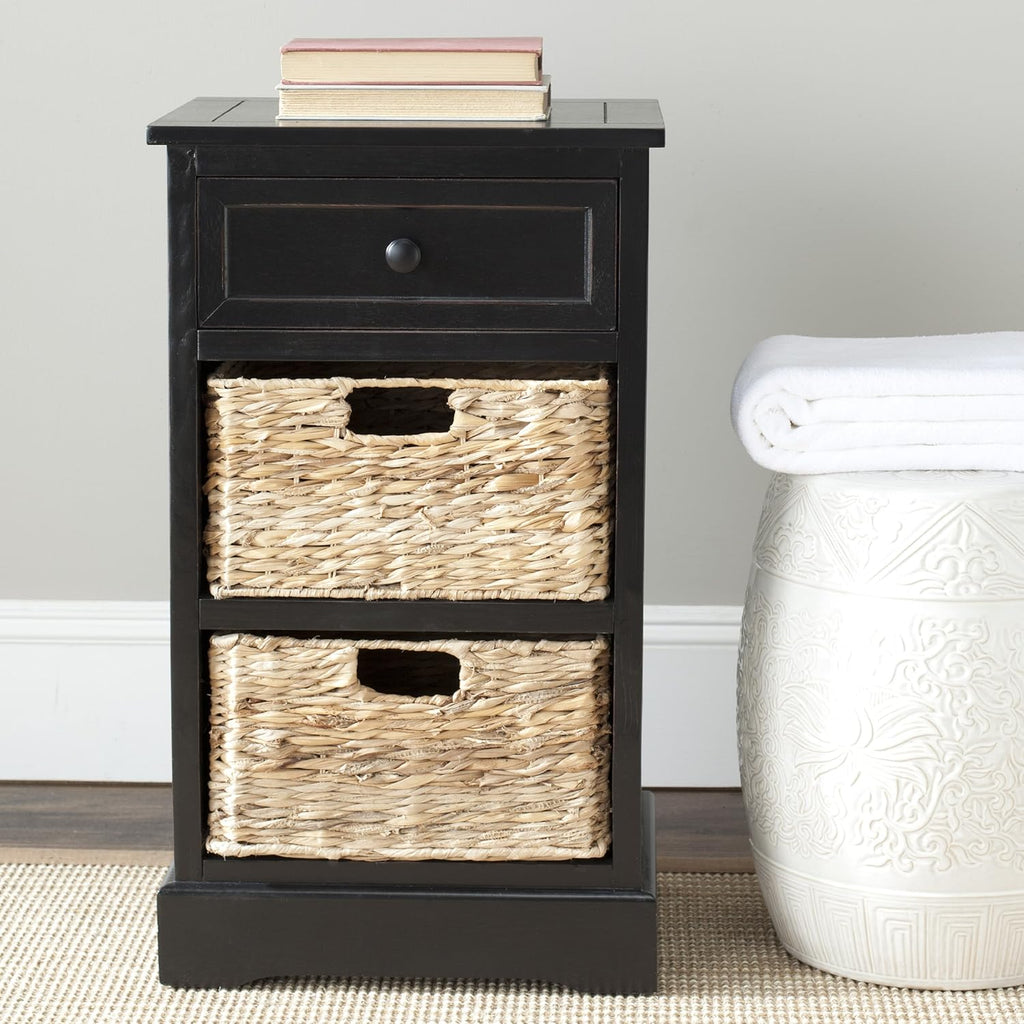 Vintage Grey / Natural Wicker 3-Drawer Storage Nightstand Side Table W47452