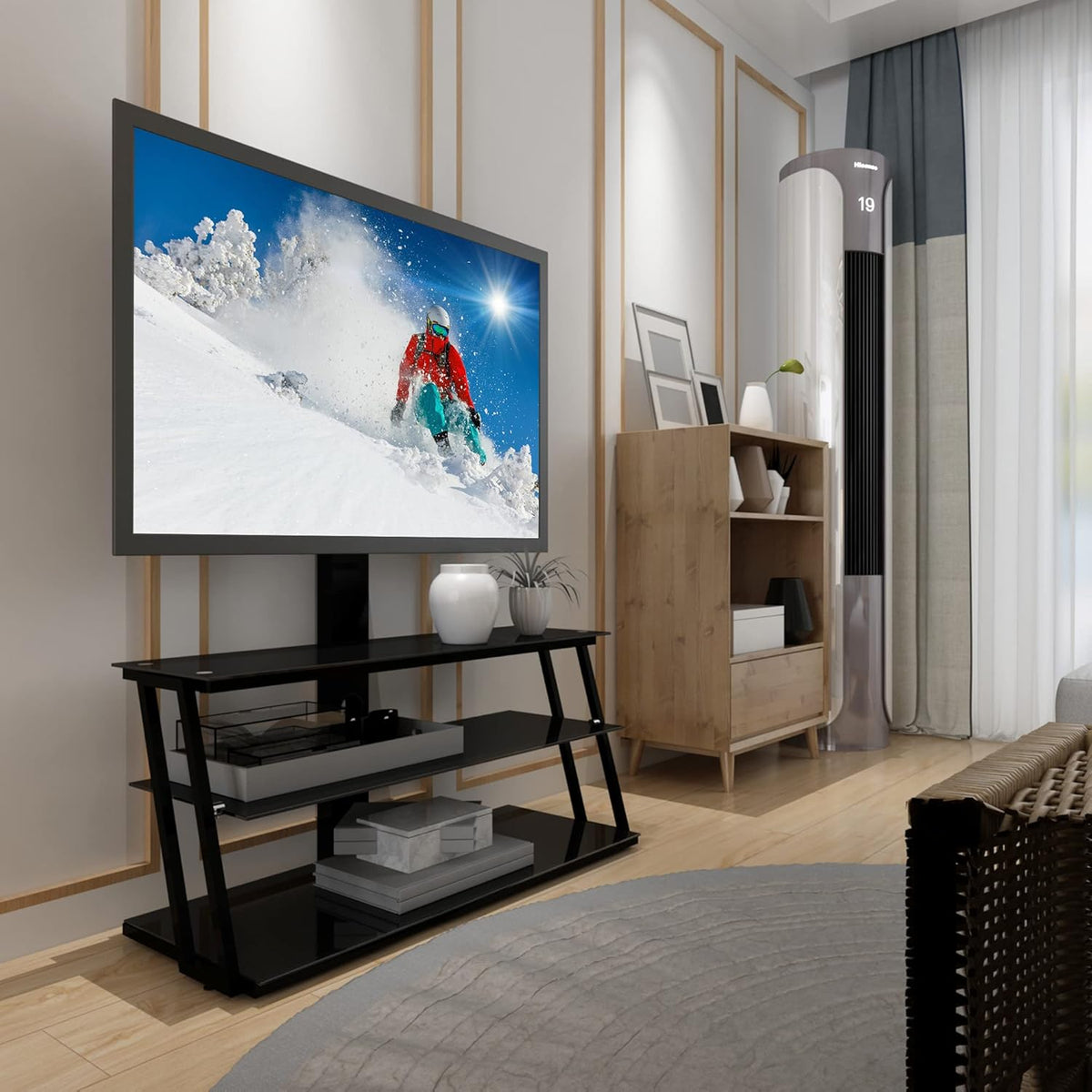 Swivel Floor TV Stand with Adjustable Tempered Wooden Shelves C540