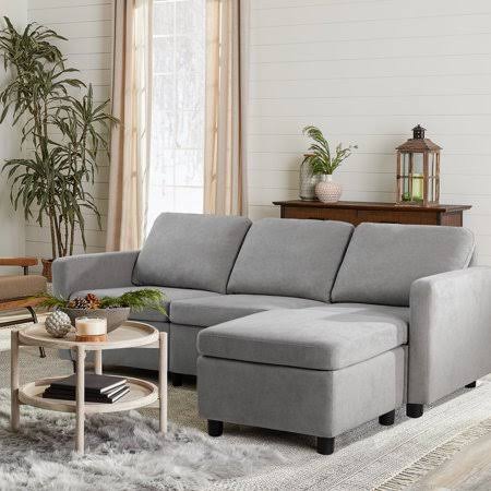 Grey Linen L-Shaped Sectional Sofa with Stool B65864