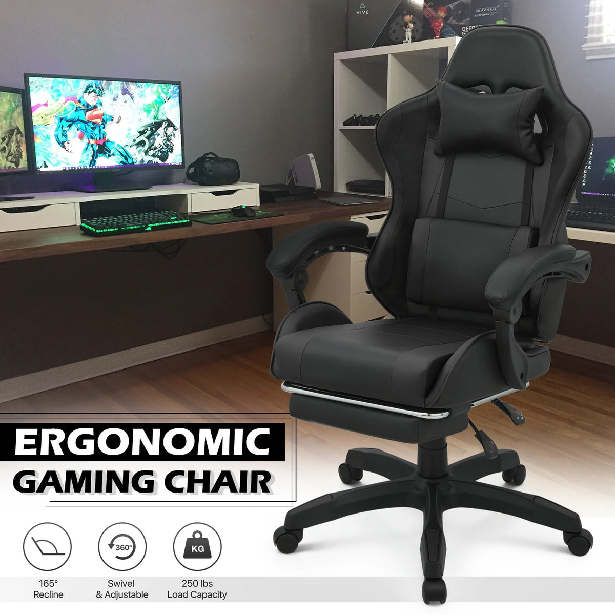 Black Swivel Gaming Chair with Footrest and Lumbar Support W40104