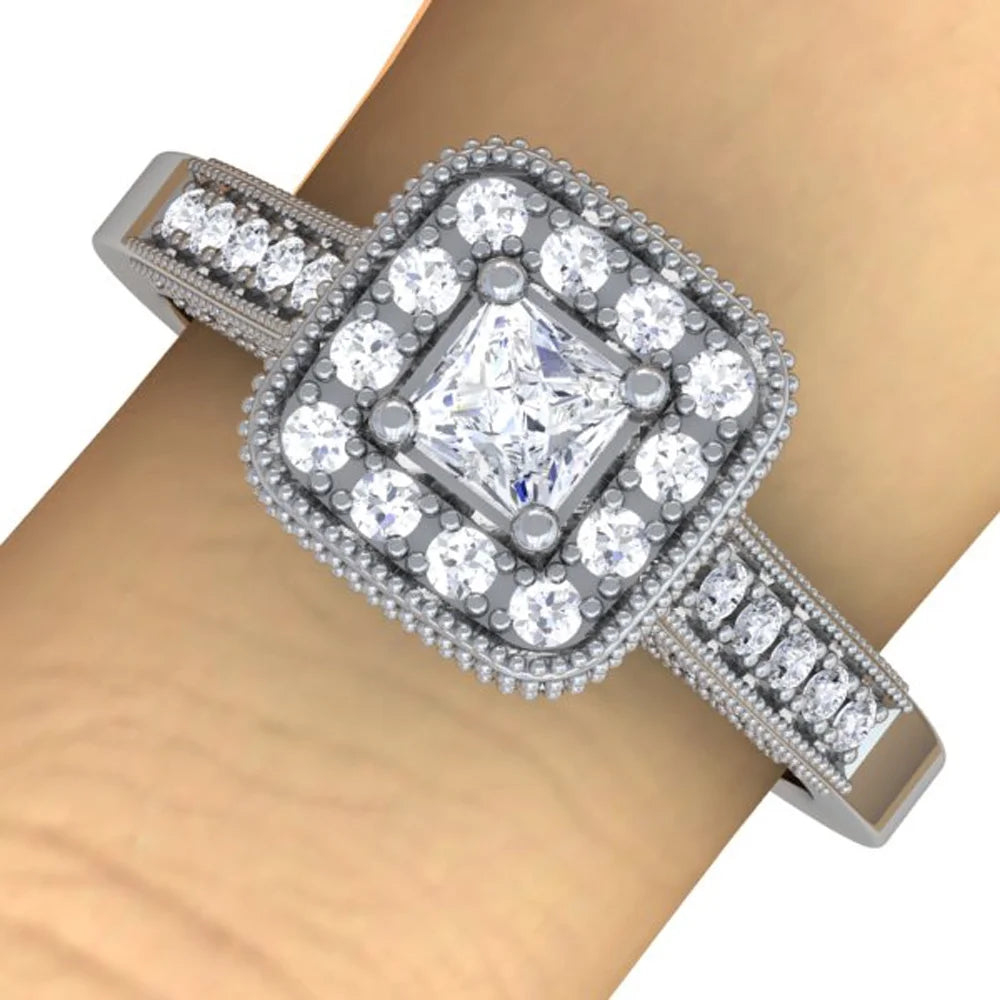 14k White Gold Princess Diamond Halo Engagement Ring X106