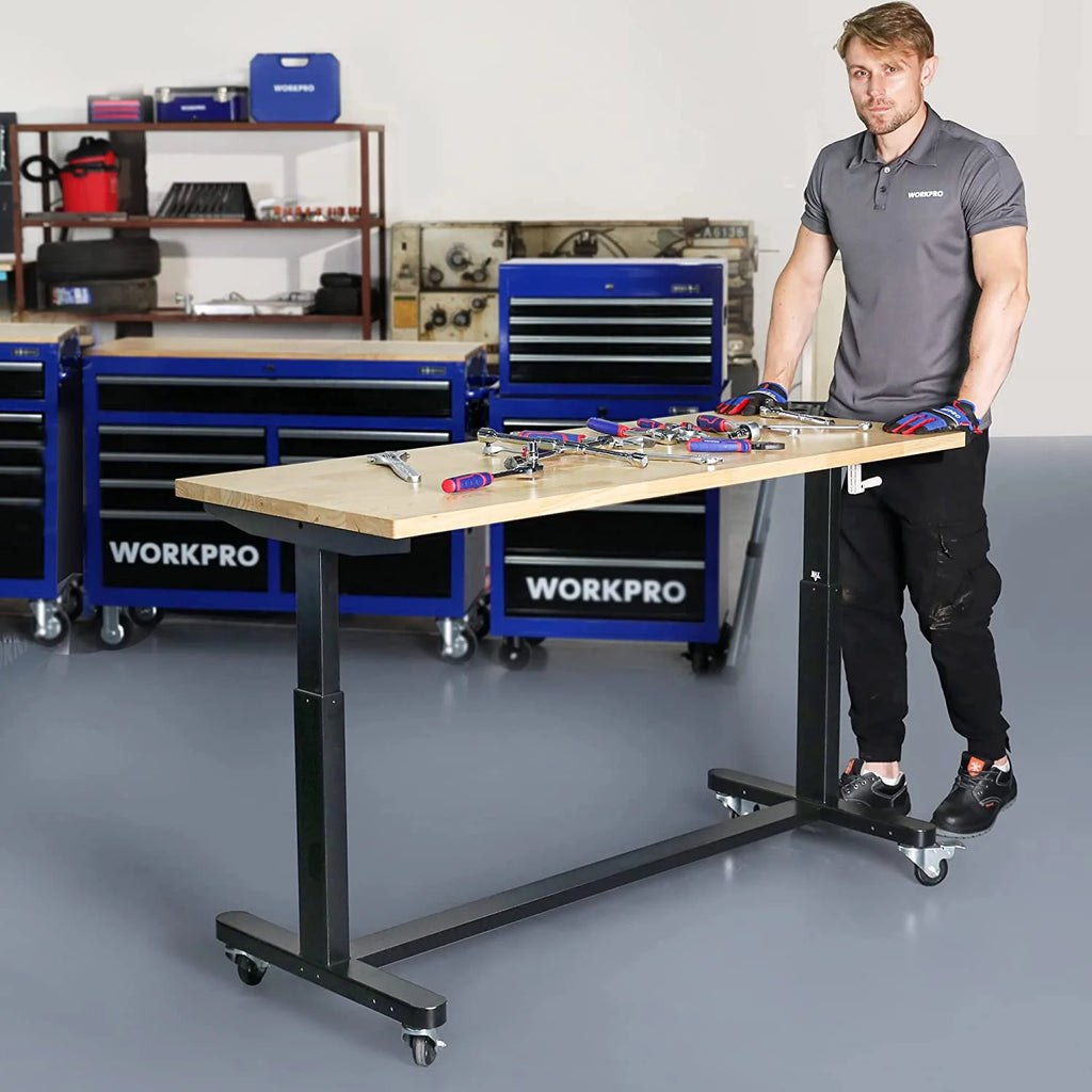 60" x 24" Rubber Wood Top Height Adjustable Work Table with Crank Handle and Casters T7884