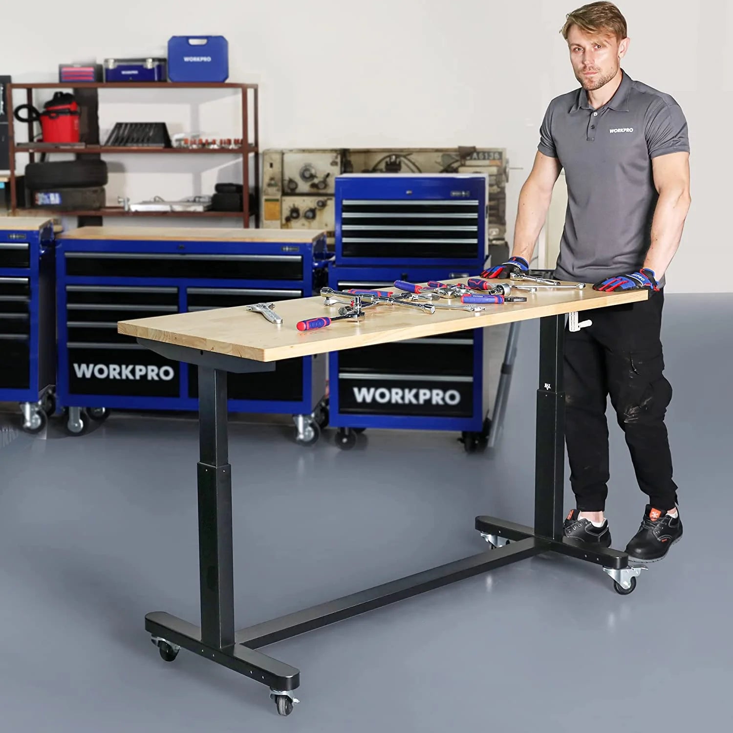 60" x 24" Rubber Wood Top Height Adjustable Work Table with Crank Handle and Casters T7884