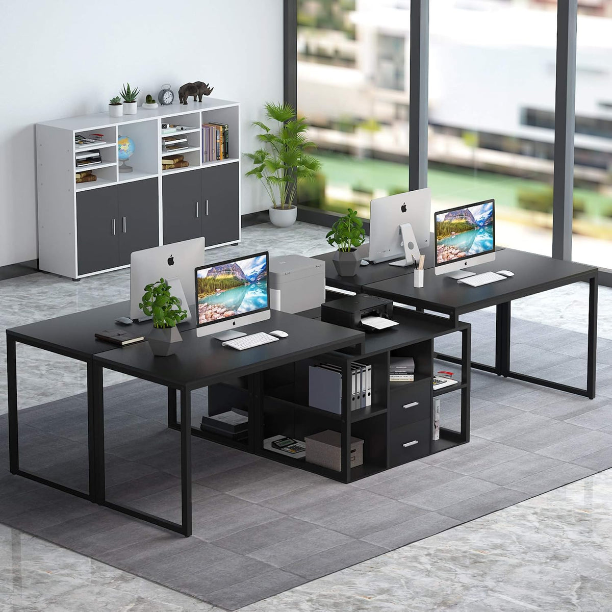 Black Extra Long Computer Desk with File Cabinet & Open Shelves P4909