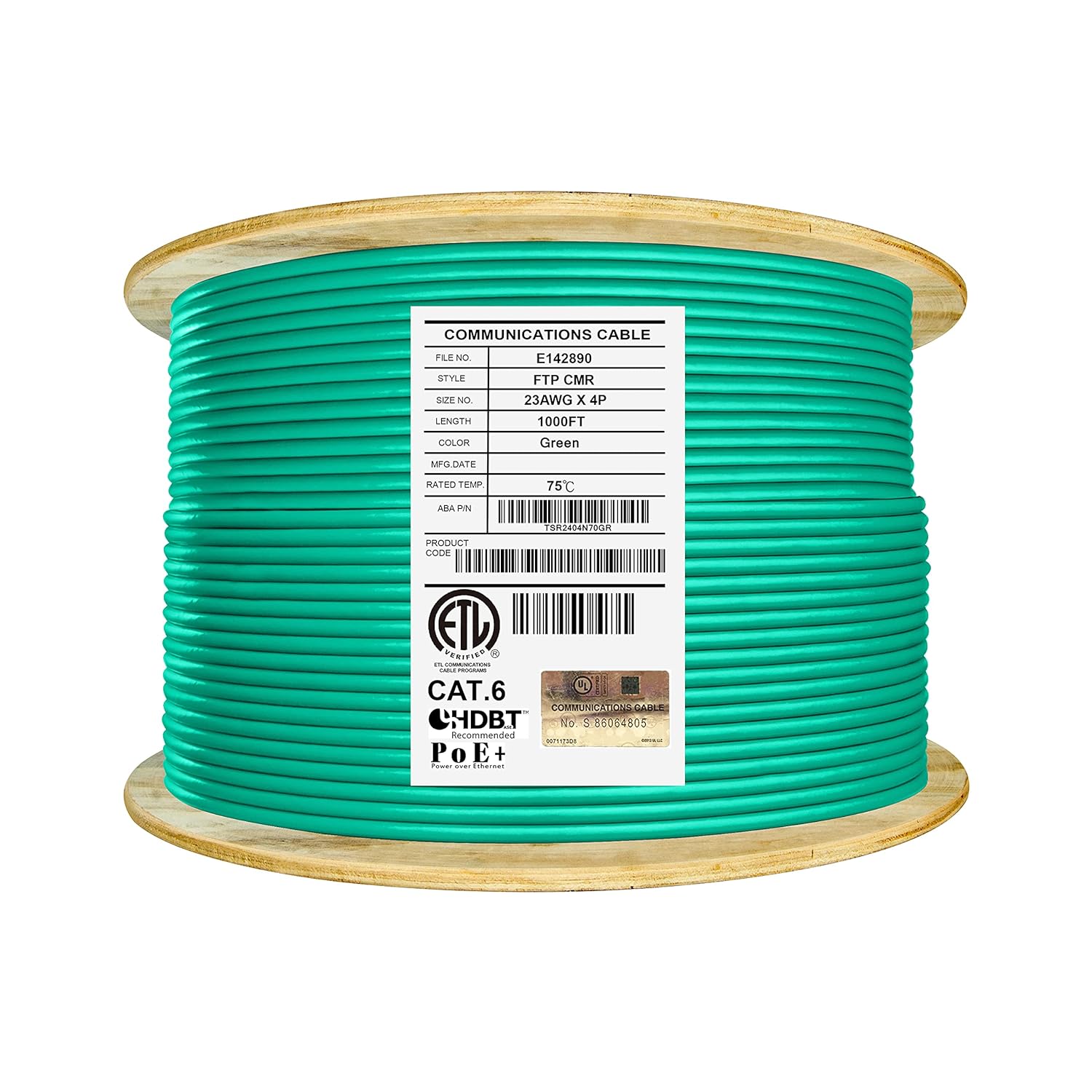 Cat6 Shielded Riser 1000ft F/UTP 23AWG Solid Bare Copper 550MHz Bulk Ethernet Cable Reel White Q9948