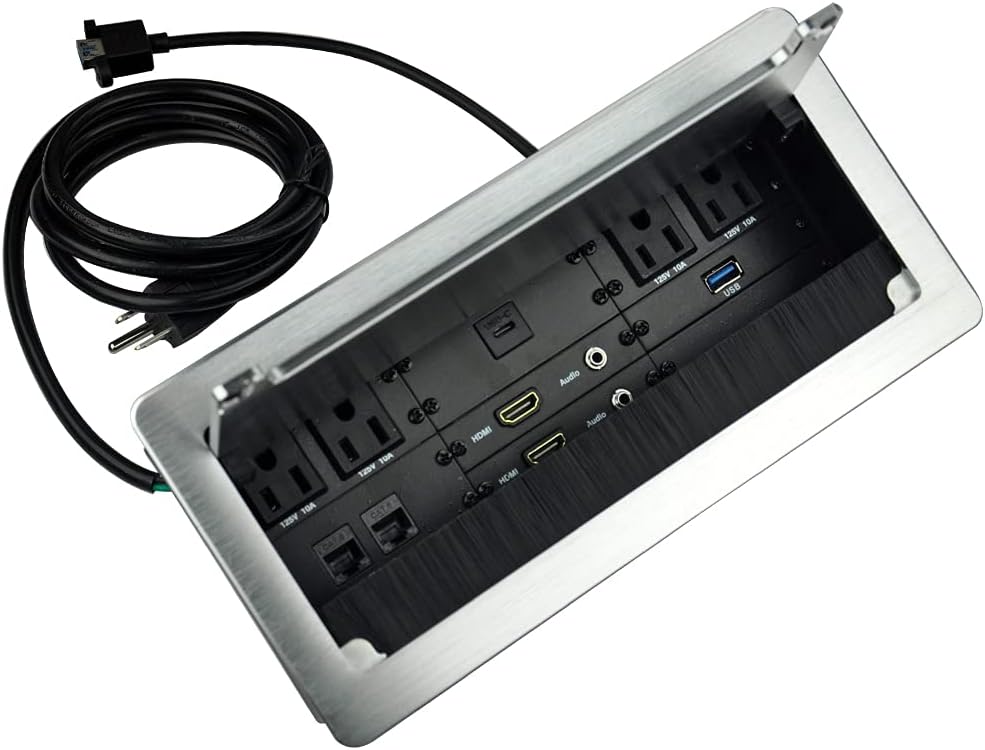 Silver Multimedia Connectivity Box with 4 AC Power, 2 HDMI, 2 RJ45, 1 USB3.0, 1 USB-C, 2 Audio Ports with 5.58ft Power Cord Y221
