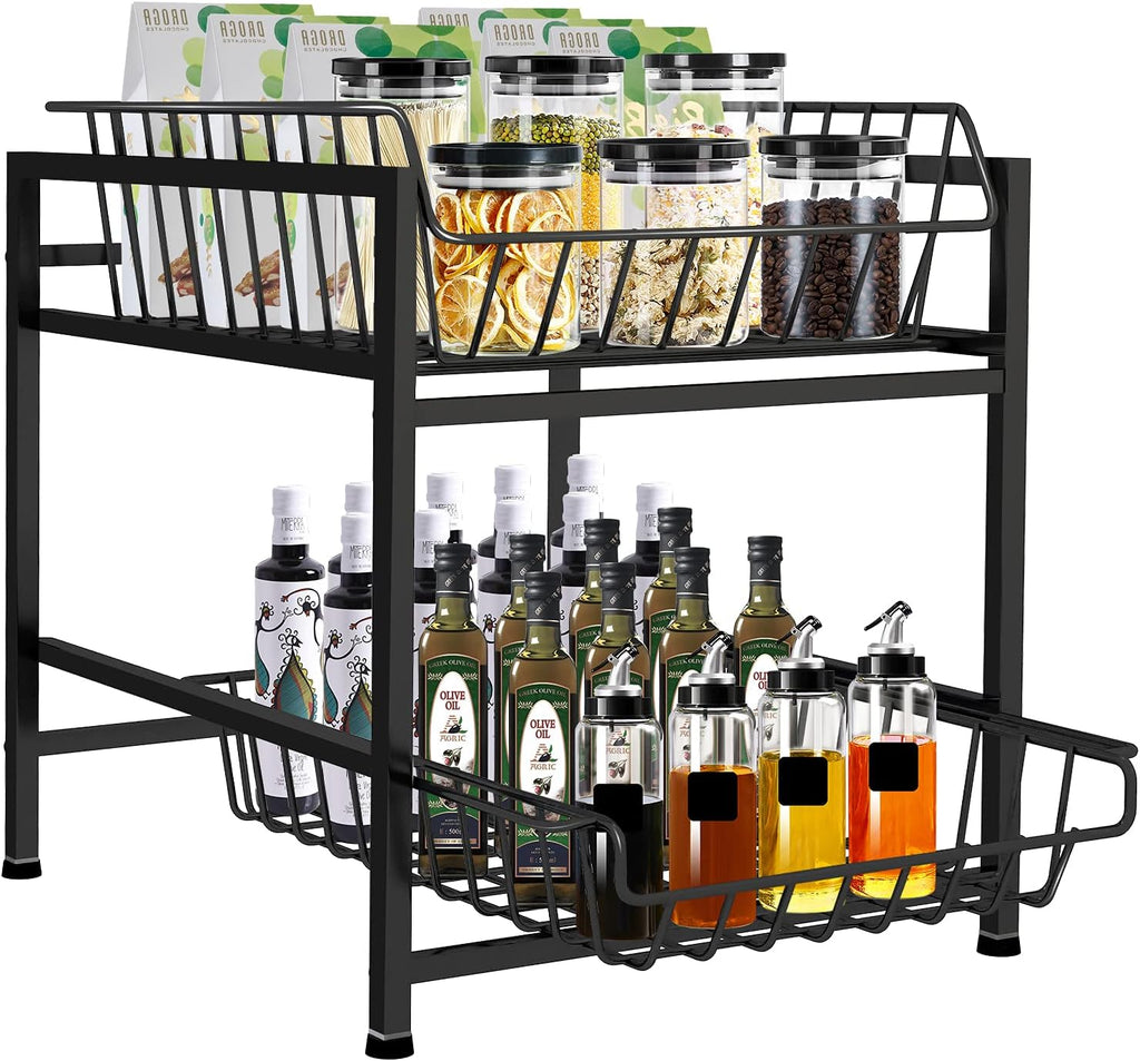 Under Sink Organizers and Storage, 2 Tier Spice Rack Organizer with Sliding Basket Drawer T9947