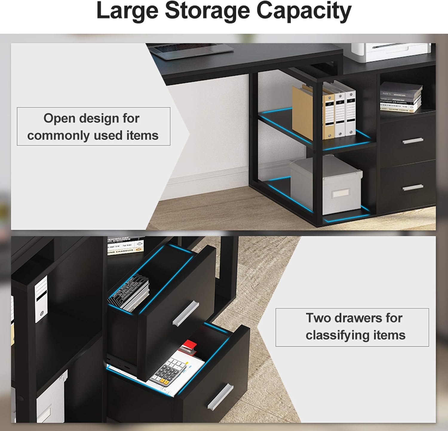 Black Extra Long Computer Desk with File Cabinet & Open Shelves P4909
