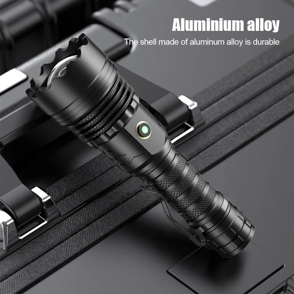 Rechargeable LED Flashlight 12000 Lumens Zoomable Handheld Spotlight with Lanyard and Hooks Q798225