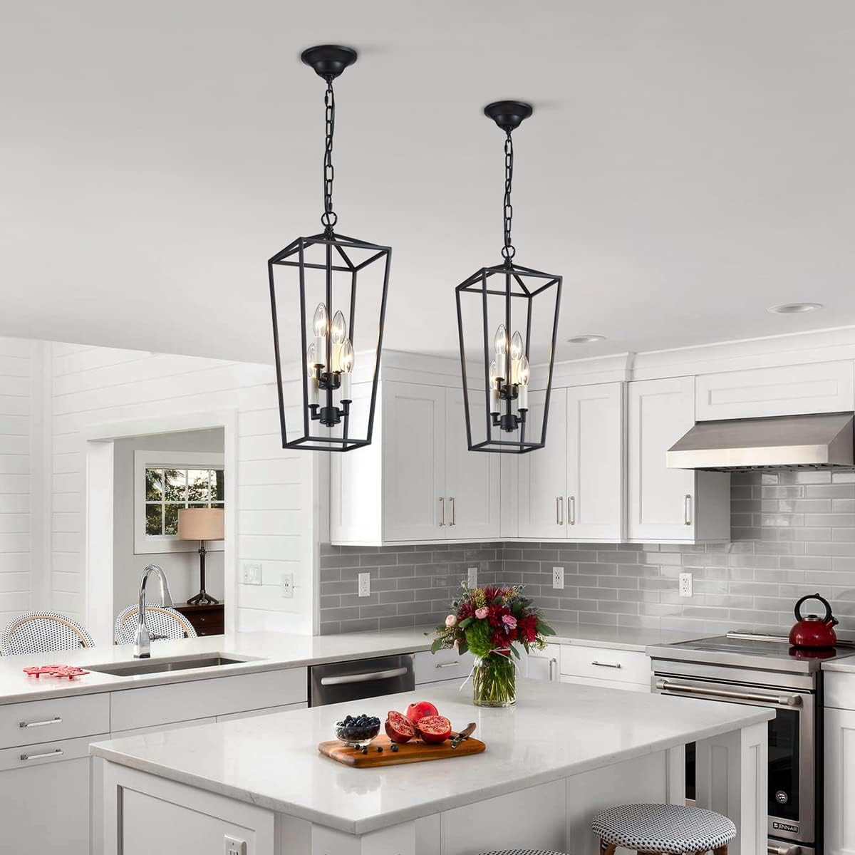 Black 4-Light Iron Cage Pendant Ceiling Light O8569