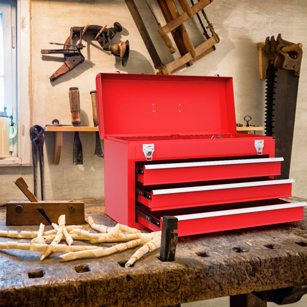 Red Steel 3 Drawer Tool Chest with Top Tray V266