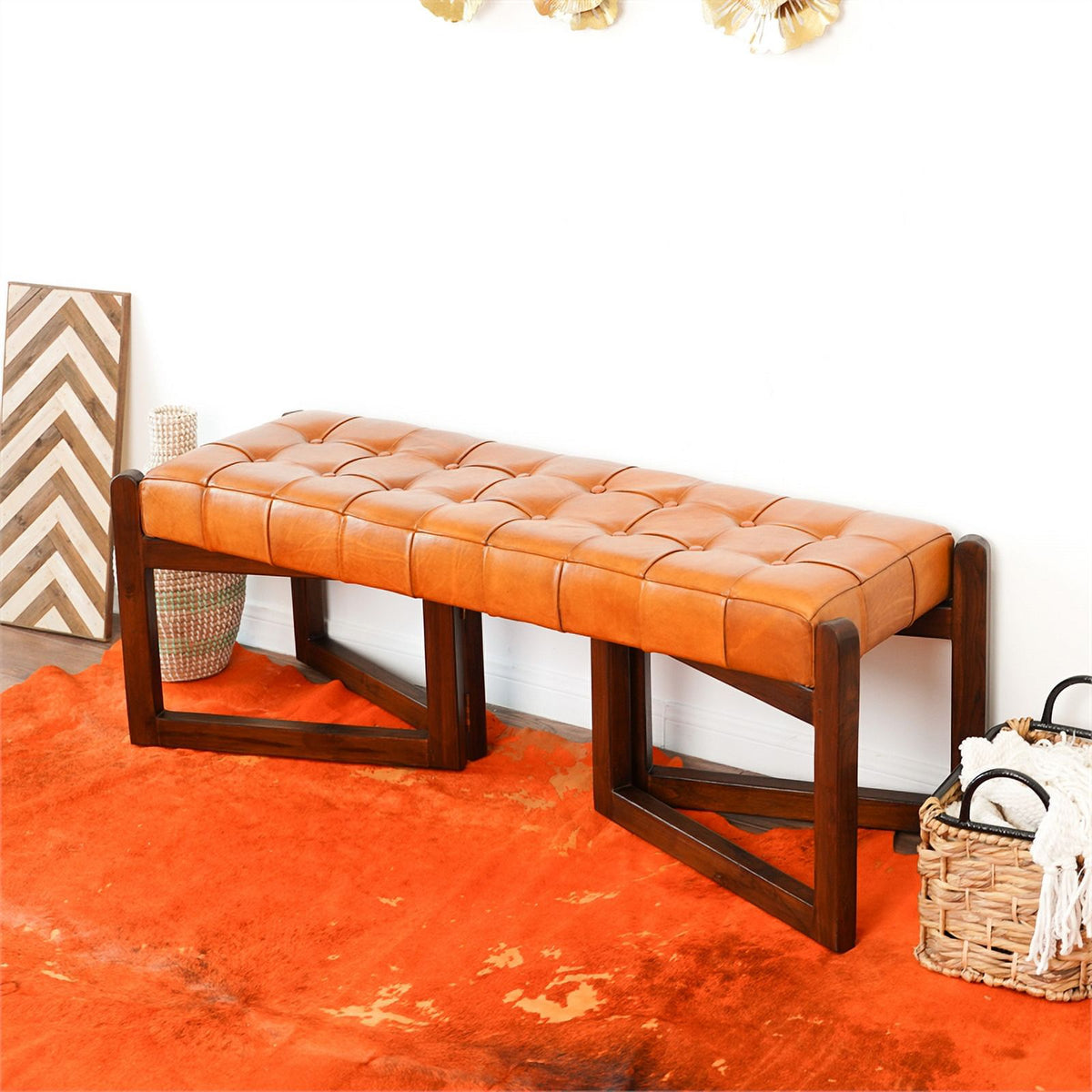 Tan Upholstered Leather Bench D886278