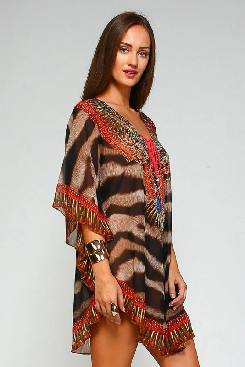 Animal Printed Lace up Kaftan I429