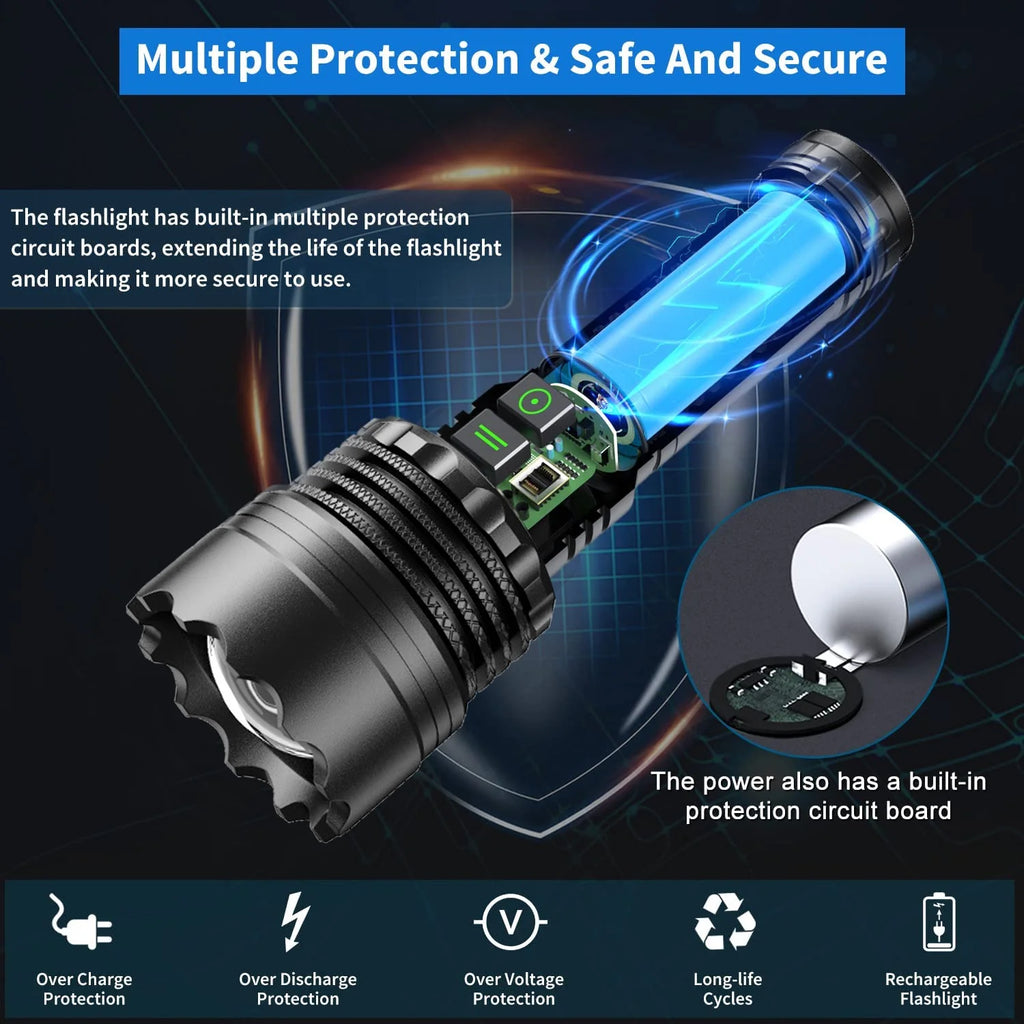 Rechargeable LED Flashlight 12000 Lumens Zoomable Handheld Spotlight with Lanyard and Hooks Q798225