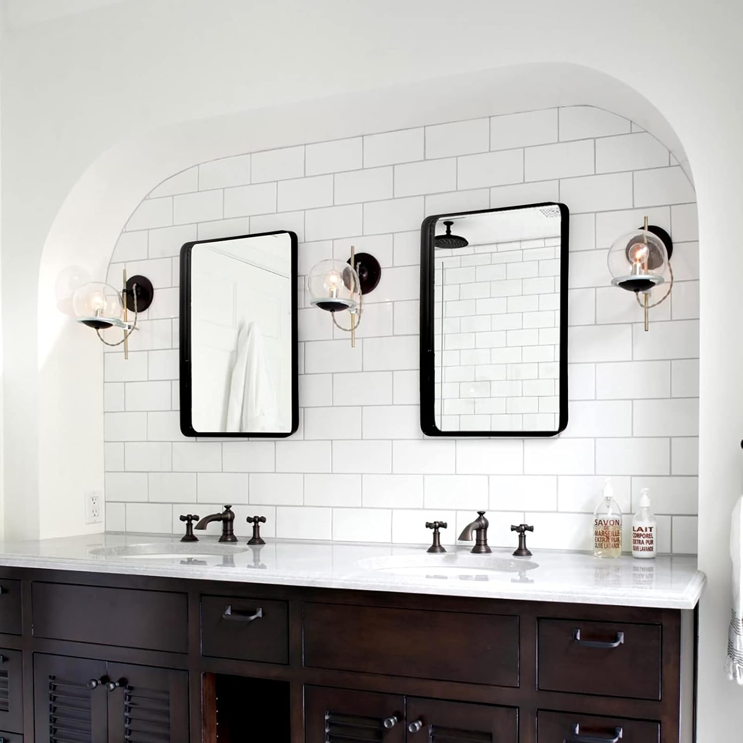 Black Rectangle Wall Mirror with Metal Rounded Corner Frame N1208