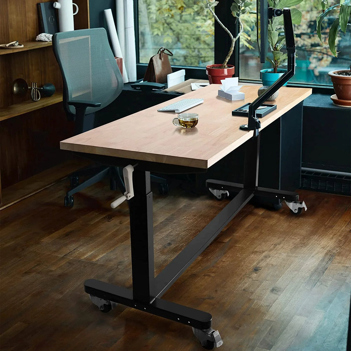 60" x 24" Rubber Wood Top Height Adjustable Work Table with Crank Handle and Casters T7884
