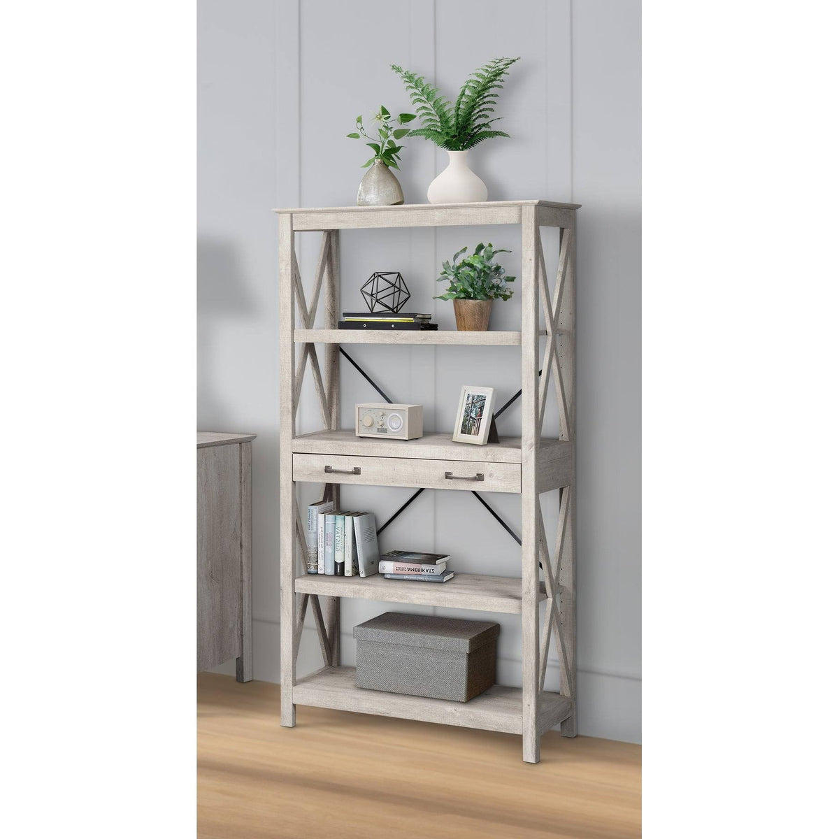 Washed Gray Bookcase with 2 Drawers S530