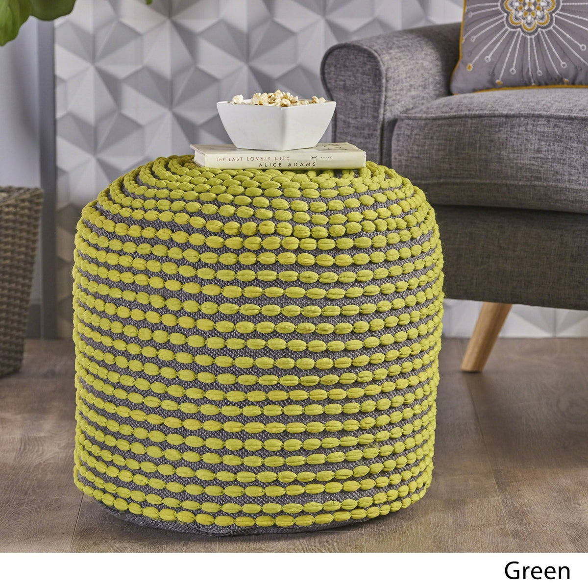 Green Handcrafted Fabric Ottoman Pouf K91908