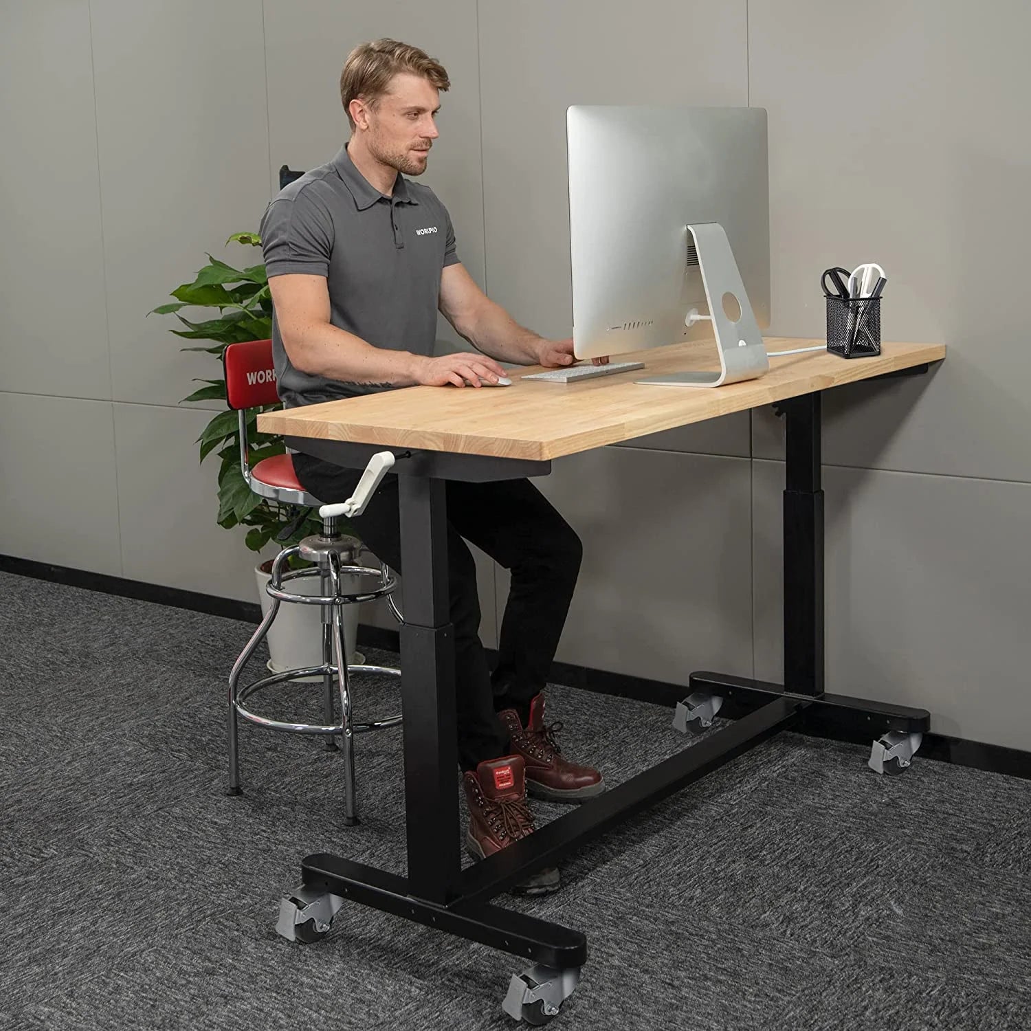 60" x 24" Rubber Wood Top Height Adjustable Work Table with Crank Handle and Casters T7884