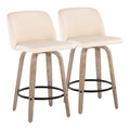 26" Counter Stool with Swivel in White-Washed Wood and Cream Faux Leather with Round Black Metal Footrest - Set of 2 A347